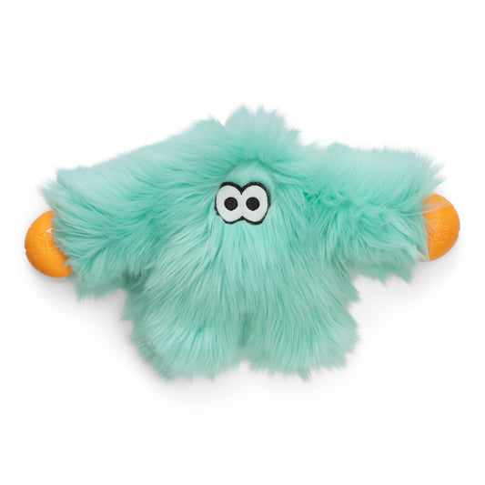 Teal fuzzy toy with orange ends on a white background