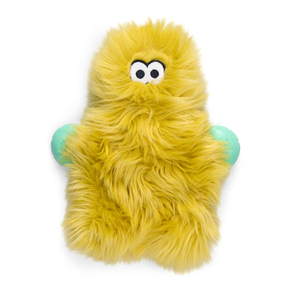 Yellow plush toy with googly eyes on a white background