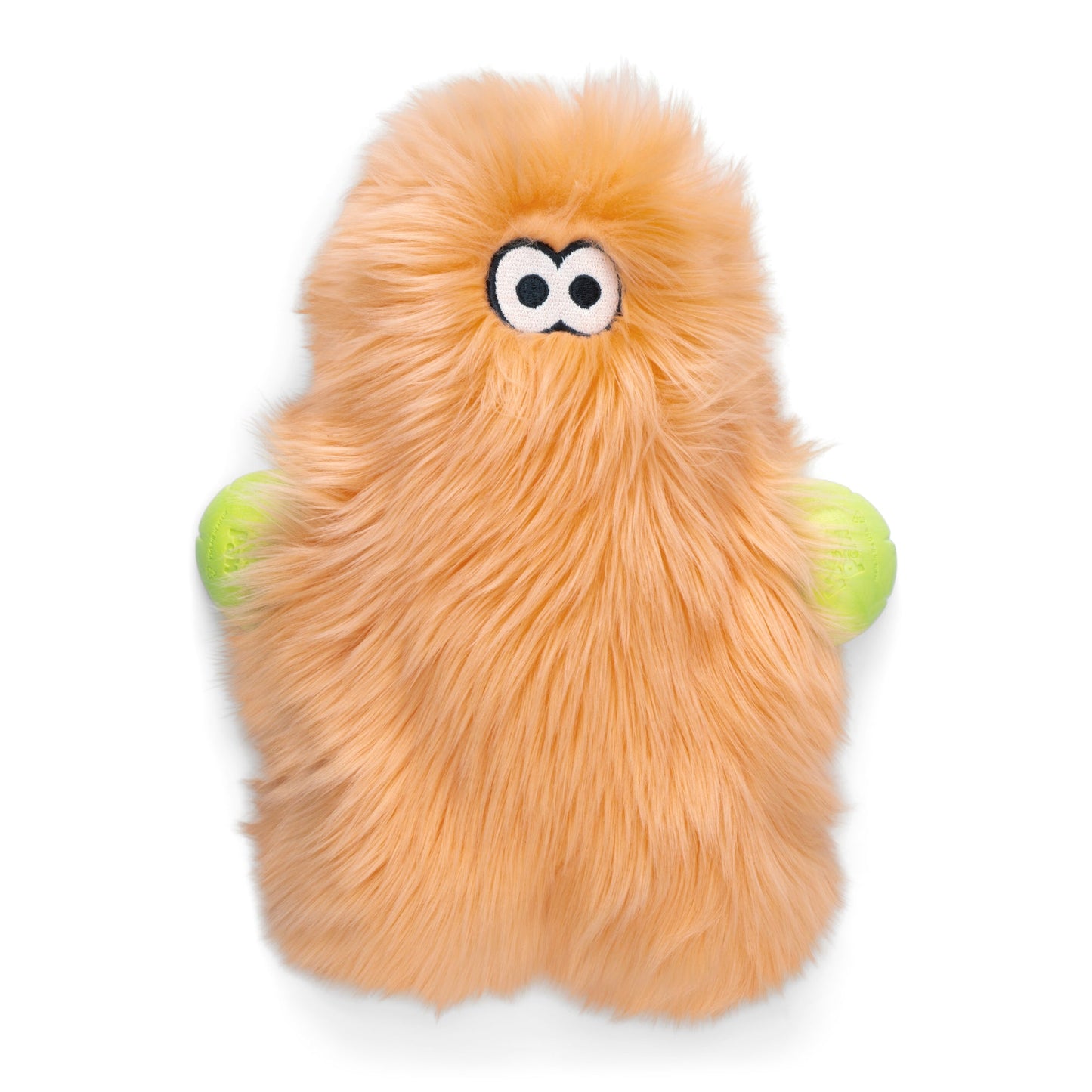 Plush toy with a fuzzy texture and googly eyes on a white background