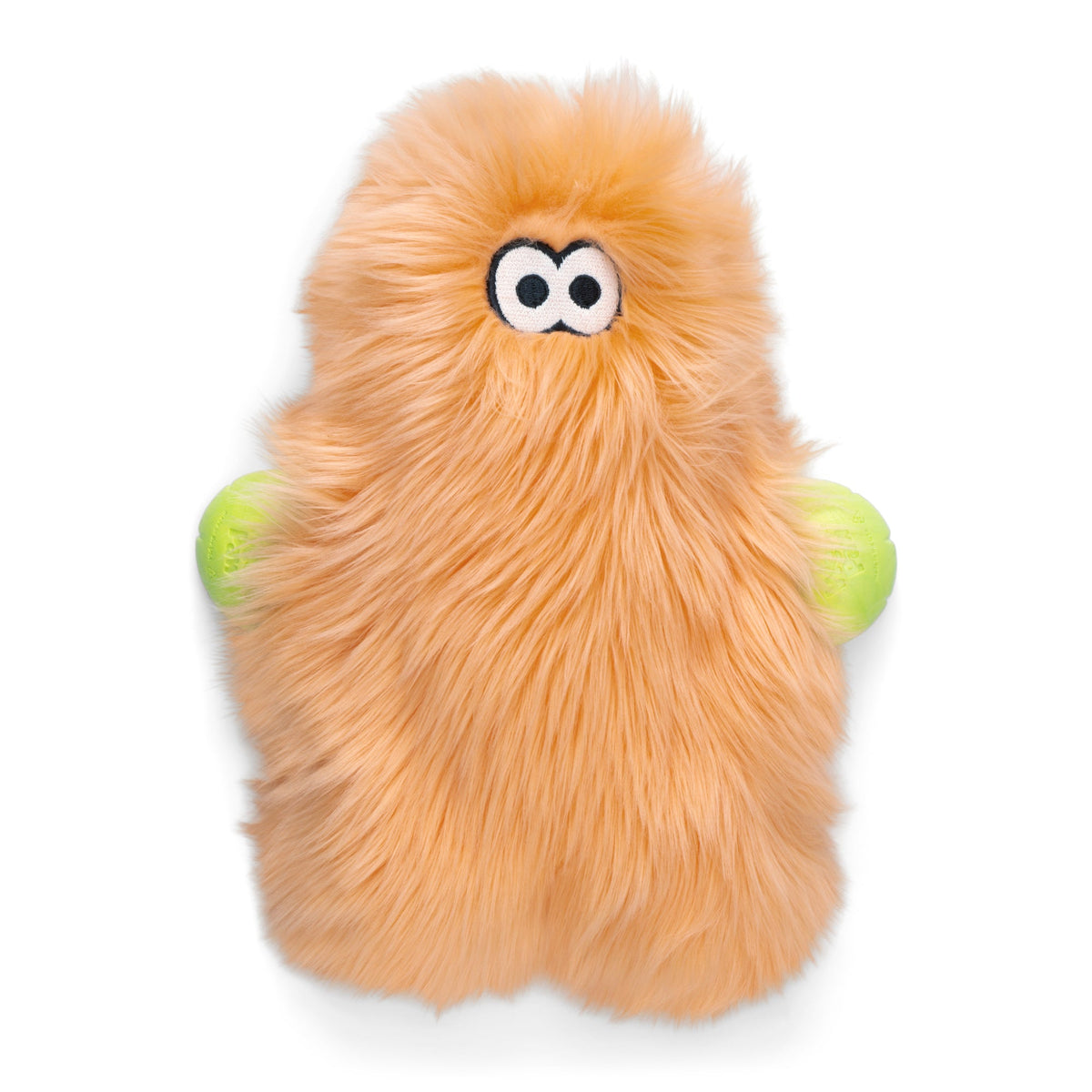 Plush toy with a fuzzy texture and googly eyes on a white background