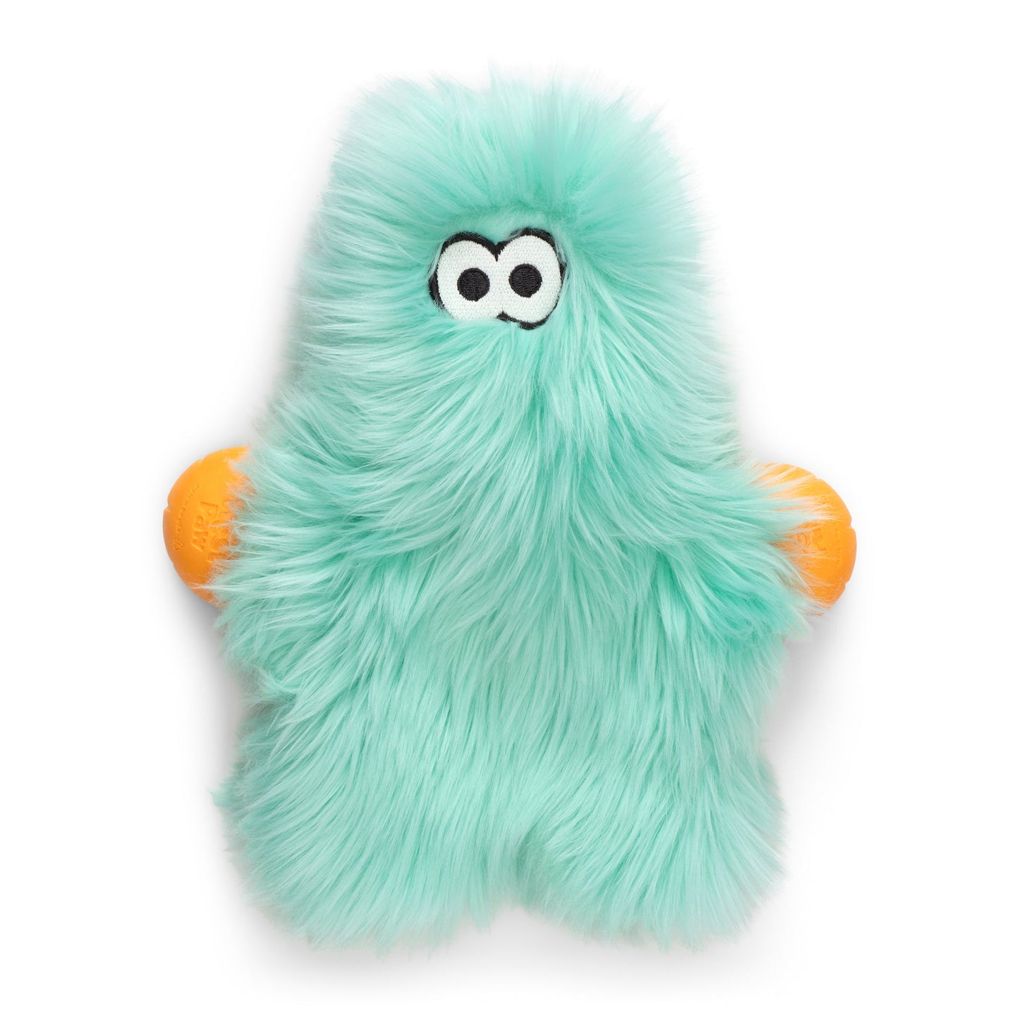 Teal plush toy with orange feet and black eyes on a white background