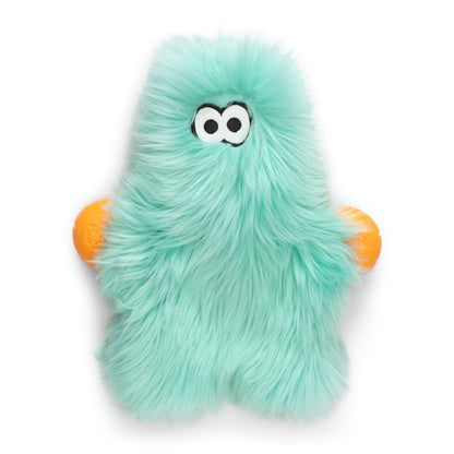 Teal plush toy with orange feet and black eyes on a white background