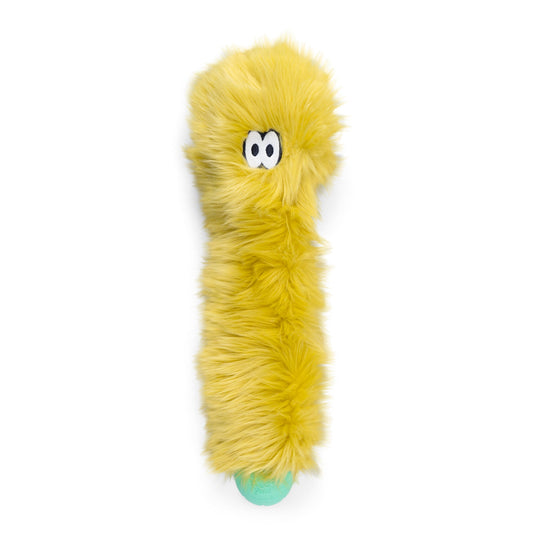 Yellow plush toy with googly eyes on a white background