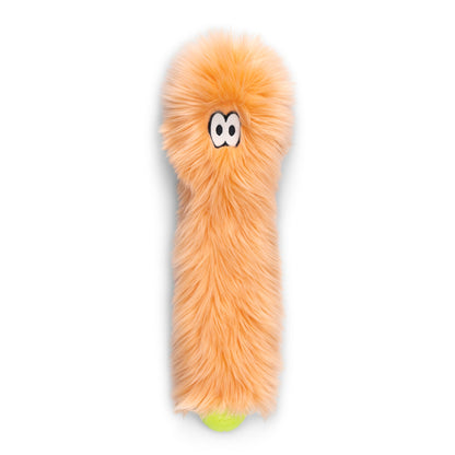 Orange plush toy with googly eyes on a white background