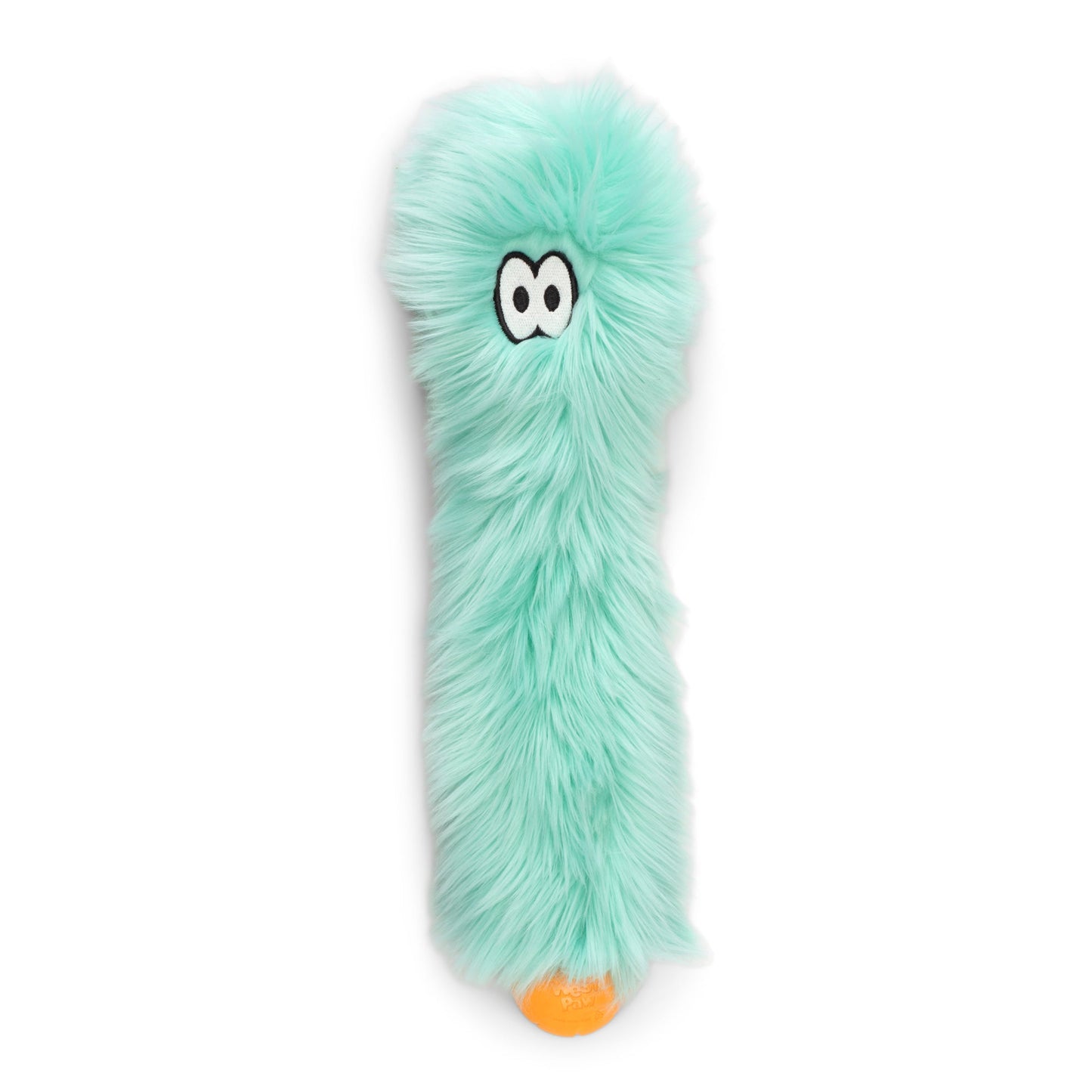 Turquoise plush toy with a white face and orange nose on a white background