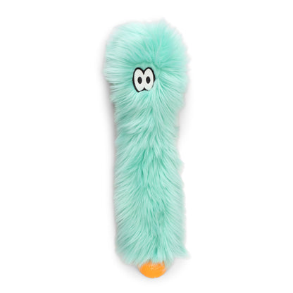 Turquoise plush toy with a white face and orange nose on a white background