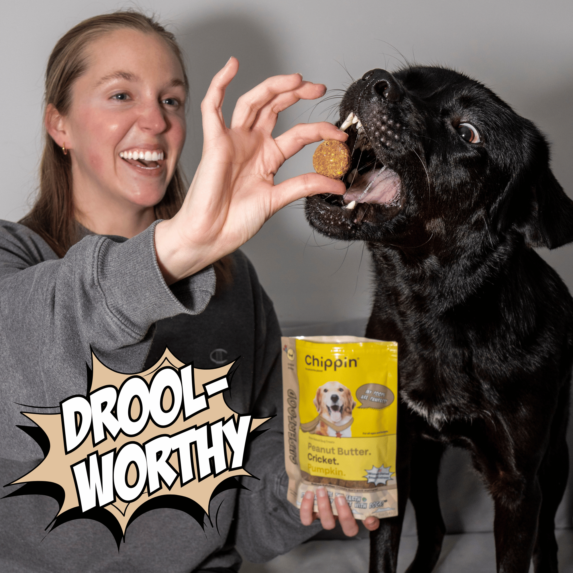 Woman feeding a black dog a treat with a 'Chippin' product in the background, featuring the text 'DROOL-WORTHY'.