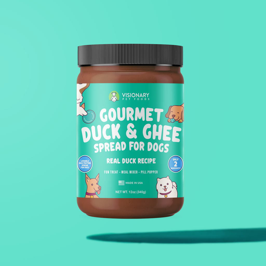 Jar of Gourmet Duck & Ghee Spread for Dogs on a teal background