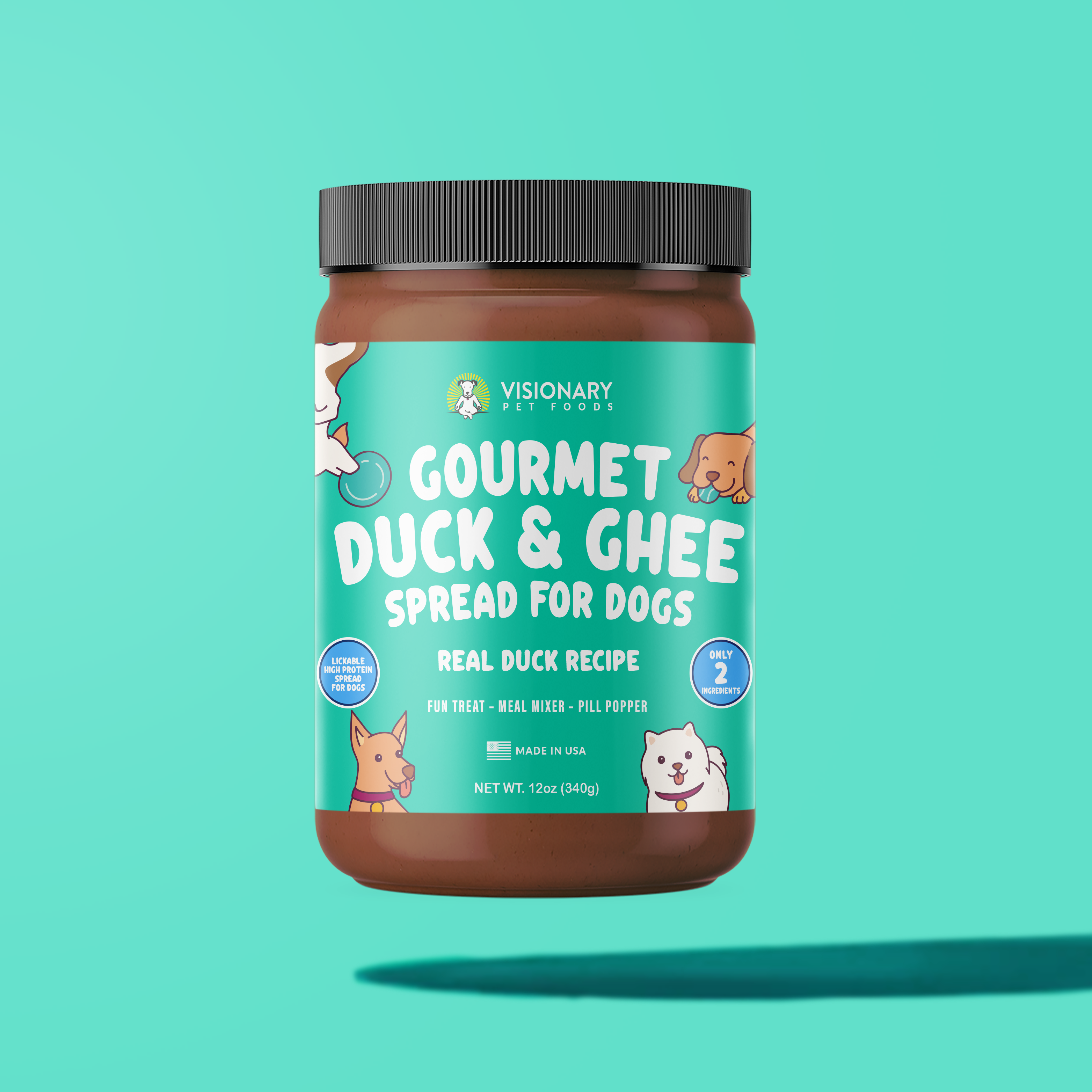 Jar of Gourmet Duck & Ghee Spread for Dogs on a teal background