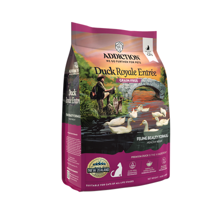 Addiction Duck Royale Entrée cat food package on a white background