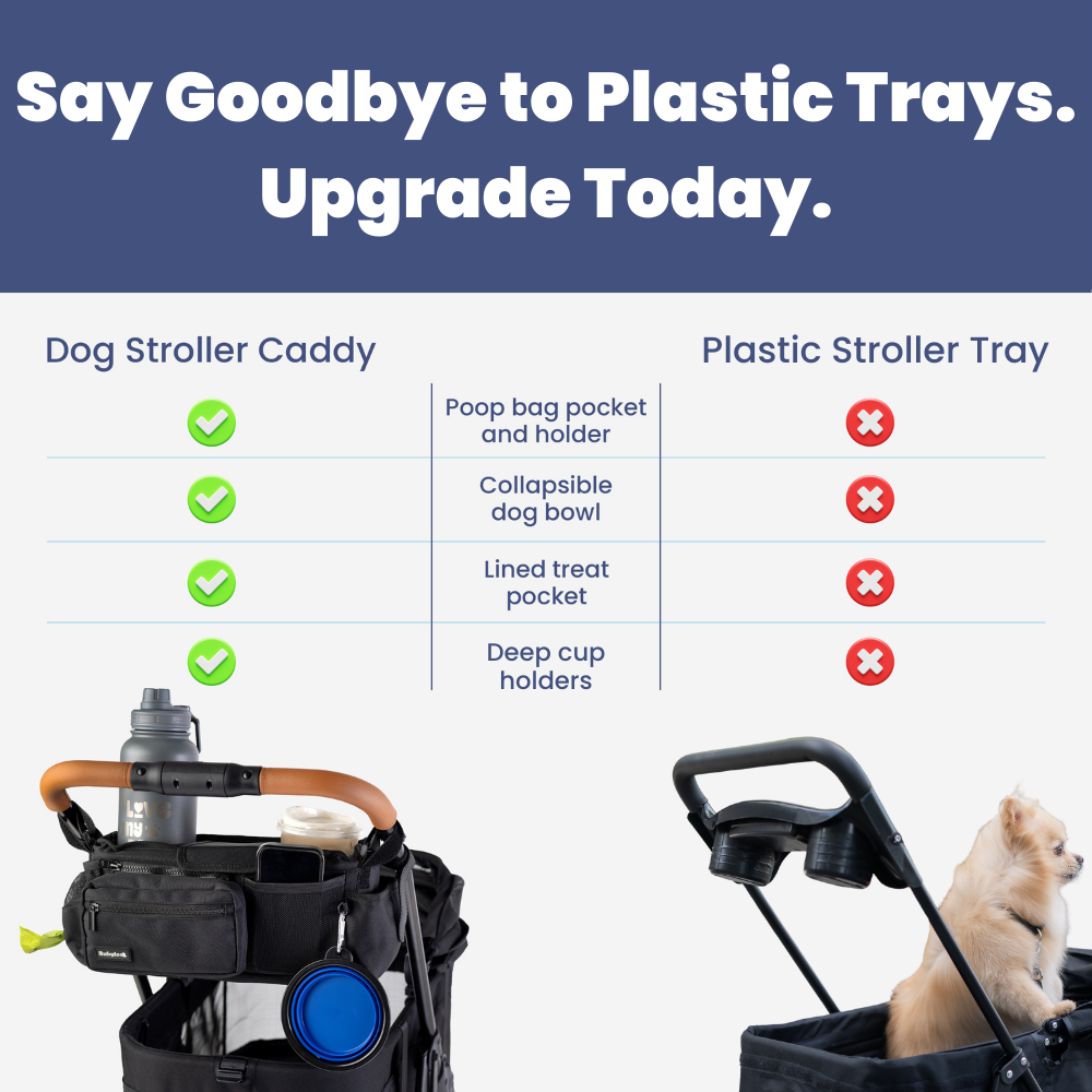 Dog stroller caddy with features compared to a plastic stroller tray, featuring text 'Say Goodbye to Plastic Trays. Upgrade Today.