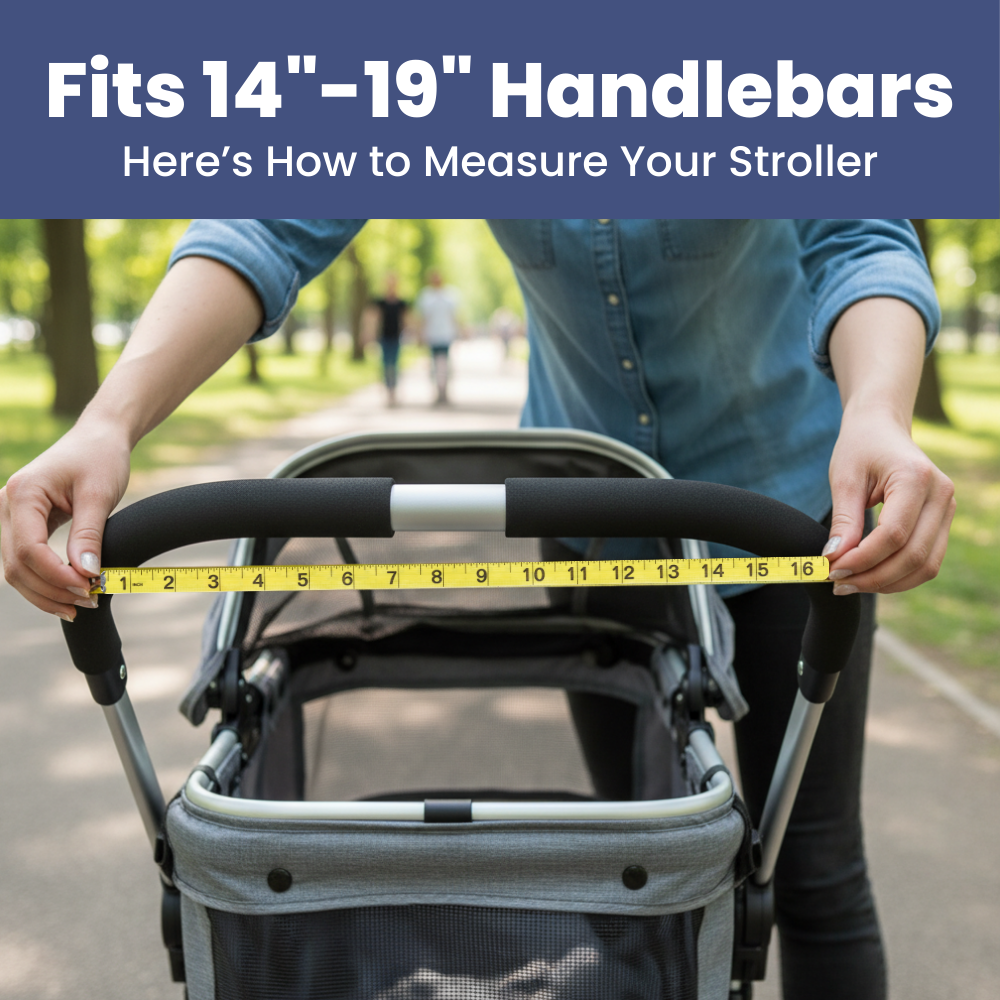 Person measuring a stroller handlebar with a tape measure in a park setting.