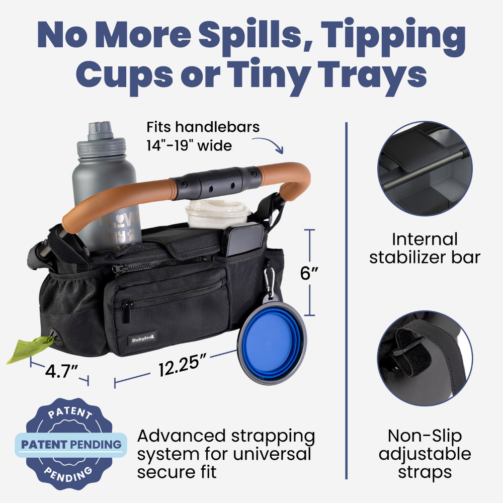 Black bike handlebar bag with features highlighted on a white background