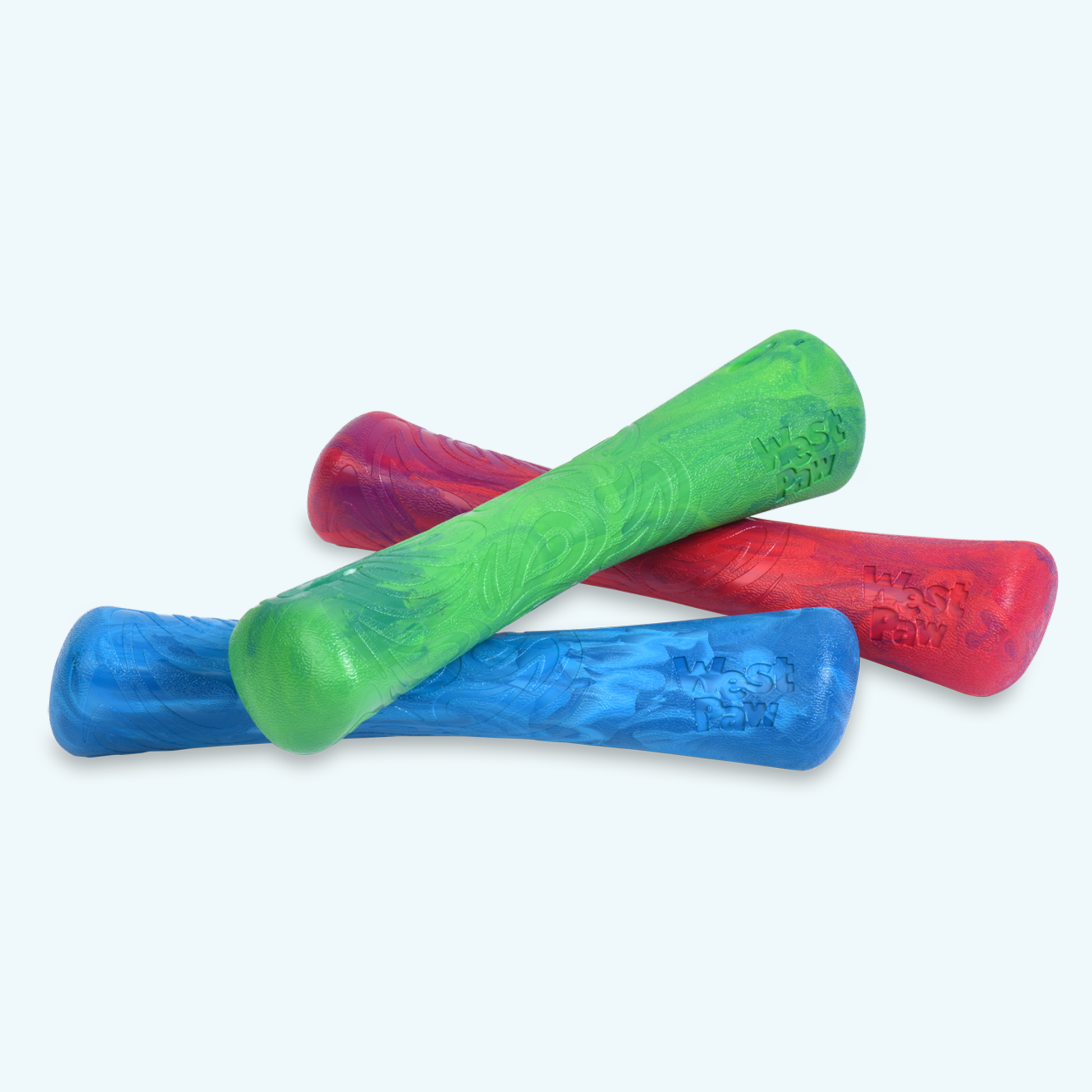Three colorful foam bats stacked on a white background