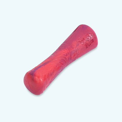 Red foam roller with embossed design on a light gray background