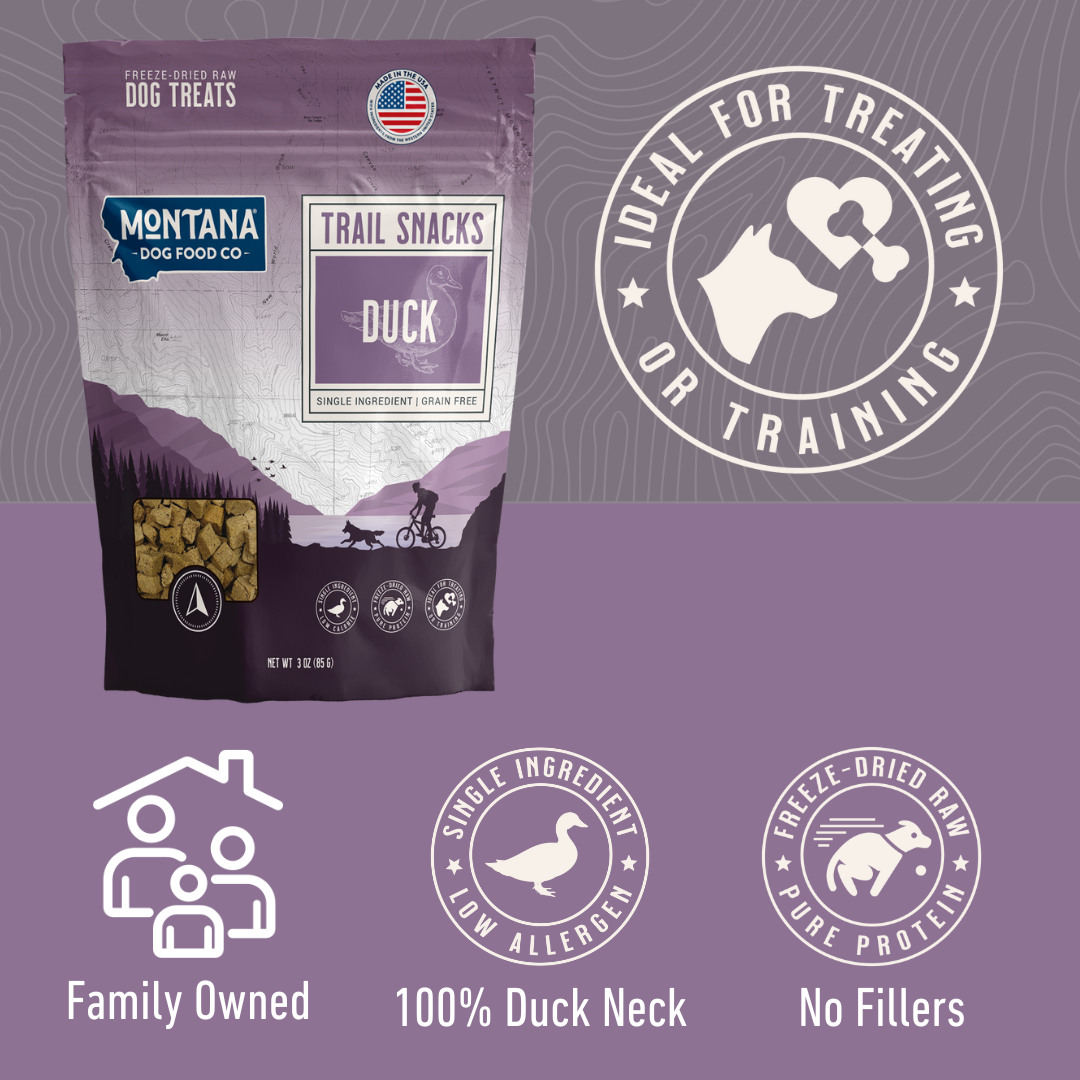 Montana Dog Food Co. duck trail snacks packaging on a purple background with brand logos and product features.