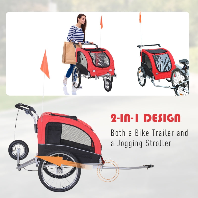 Red and black 2-in-1 bike trailer and jogging stroller with a woman pushing it.