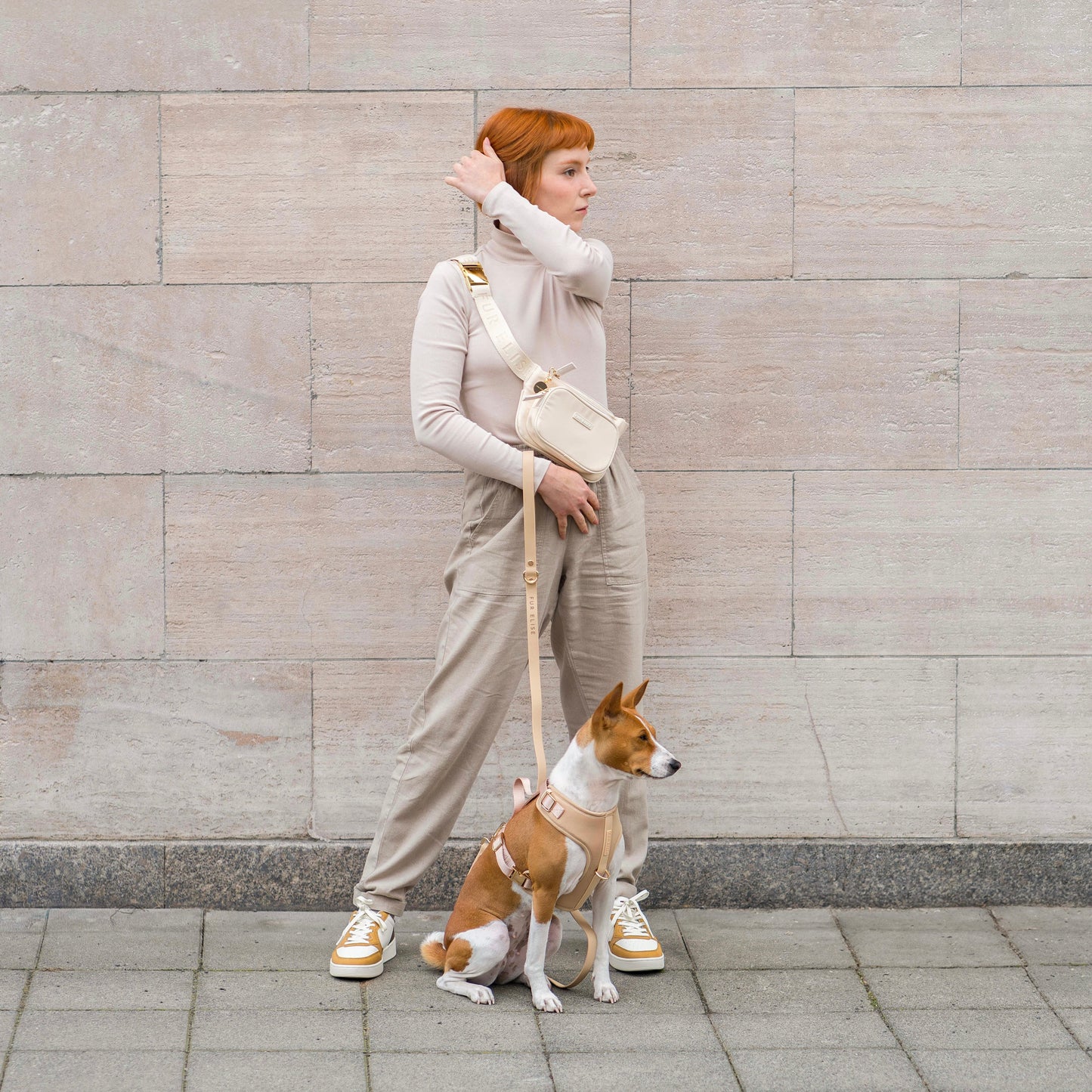 Woman walking a dog on a leash against a stone wall.