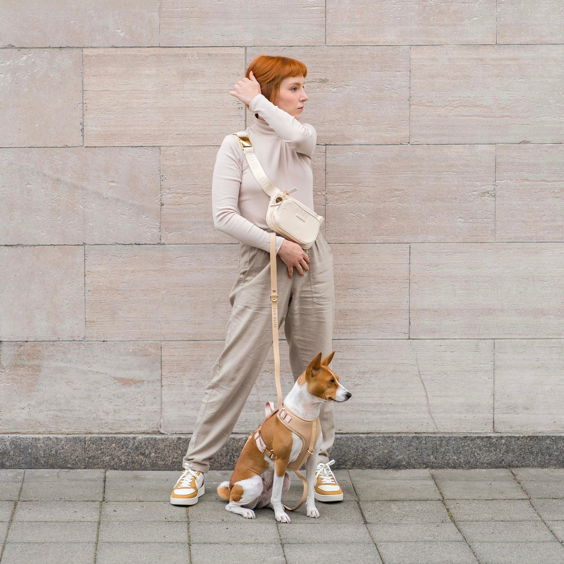 Woman walking a dog on a leash against a stone wall.
