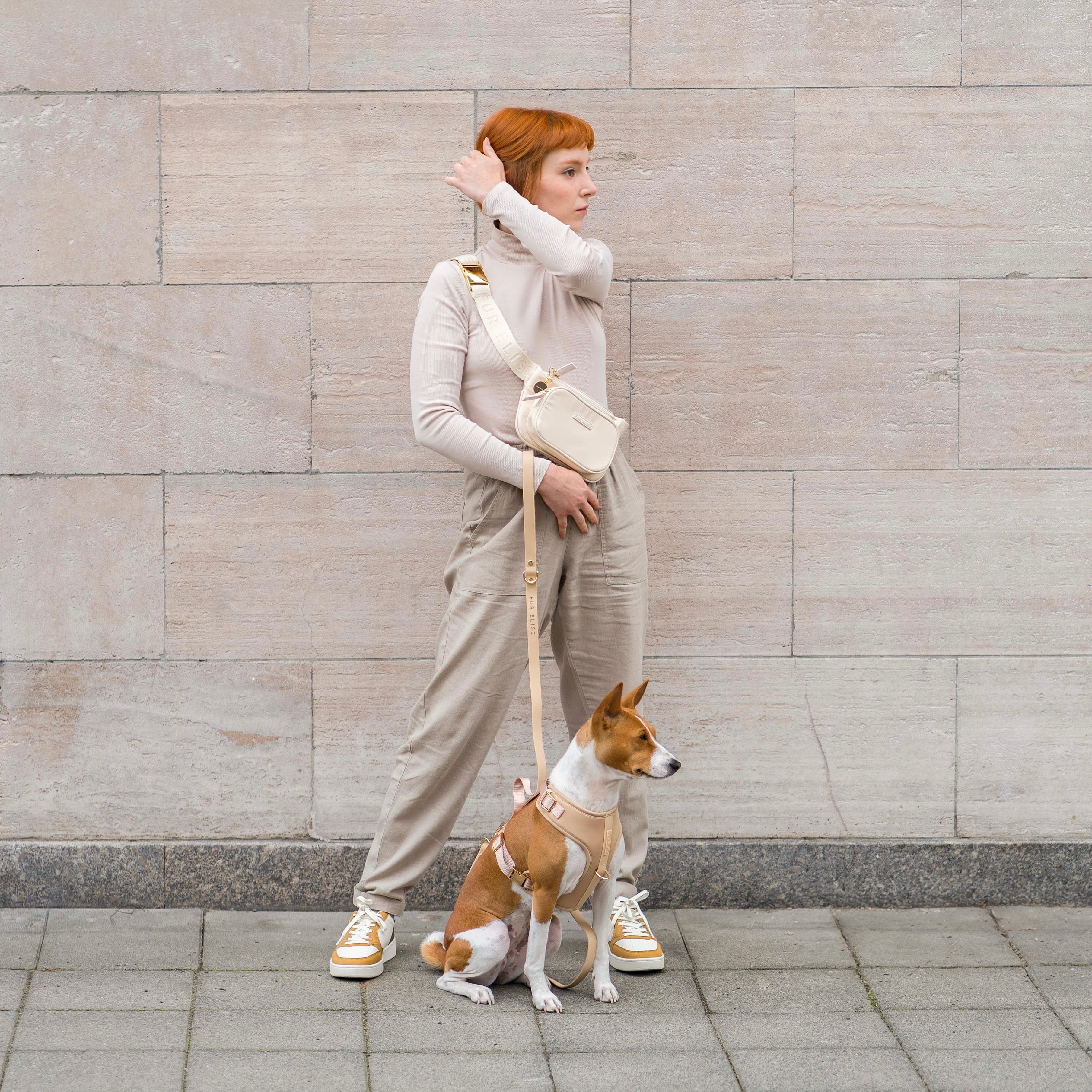 Woman walking a dog on a leash against a stone wall.