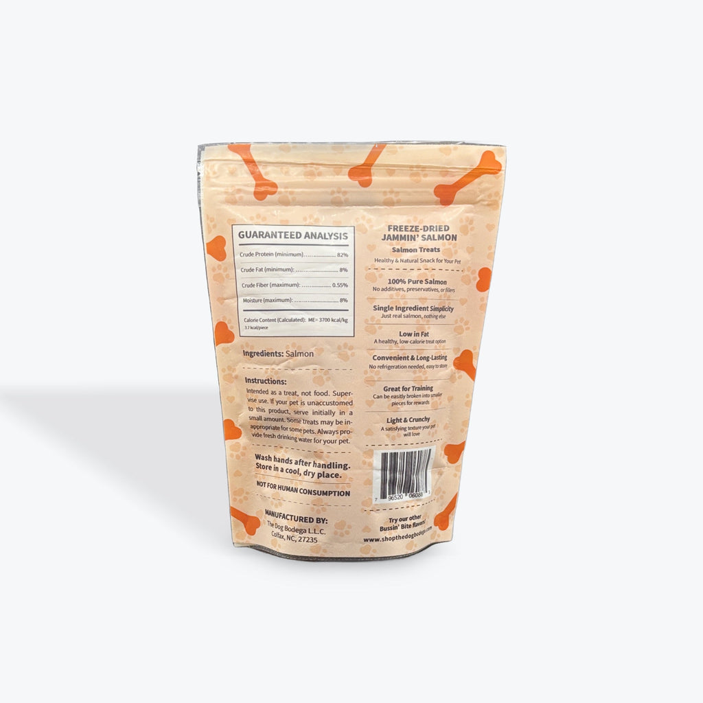 Back view of a pet food packaging with text and a barcode on a white background