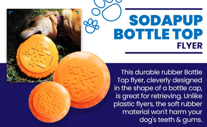 Sodapup bottle top flyer with orange rubber flyer and dog lying on grass.