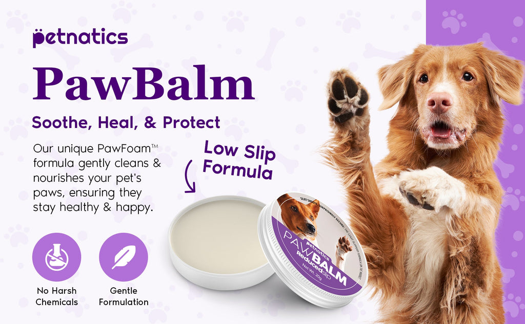 Petnatics PawBalm packaging with a dog and product on a purple background