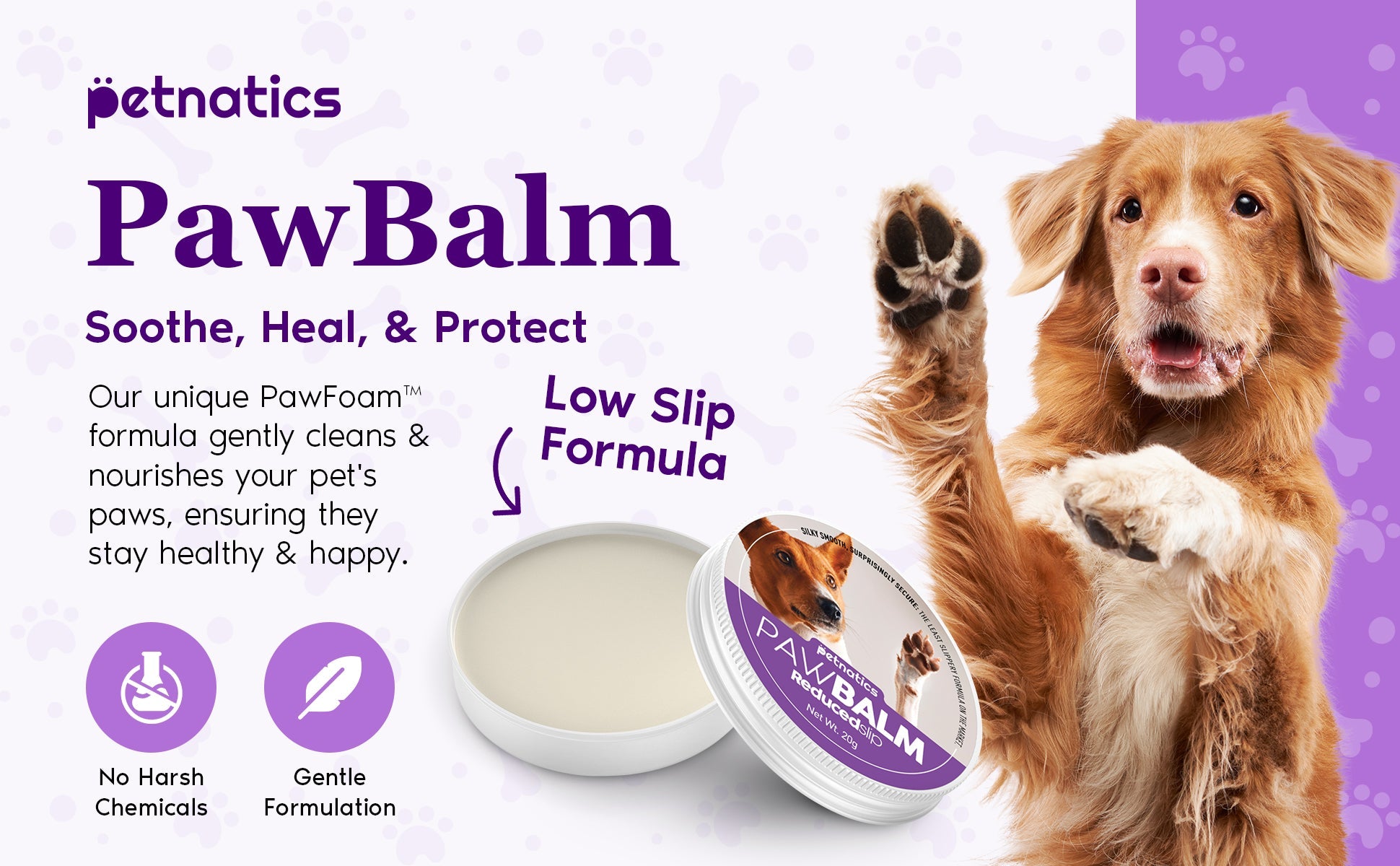 Petnatics PawBalm packaging with a dog and product on a purple background