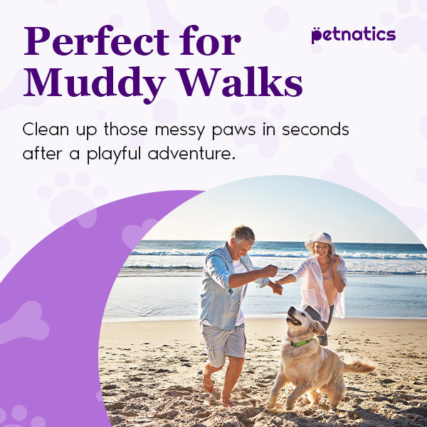 Advertisement for pet product with a couple and dog on a beach, featuring the brand 'petnatics'.