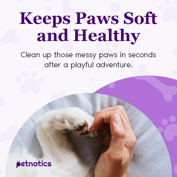 Product advertisement for pet paw cleaning with a hand holding a dog's paw and text about keeping paws soft and healthy.