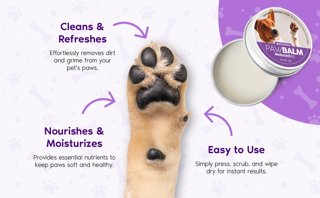 Dog paw with balm and text describing benefits on a light purple background