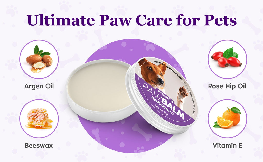 Paw balm for pets with ingredients listed on a purple background