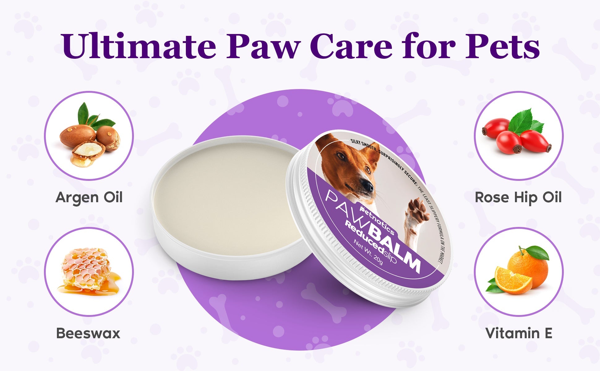 Paw balm for pets with ingredients listed on a purple background