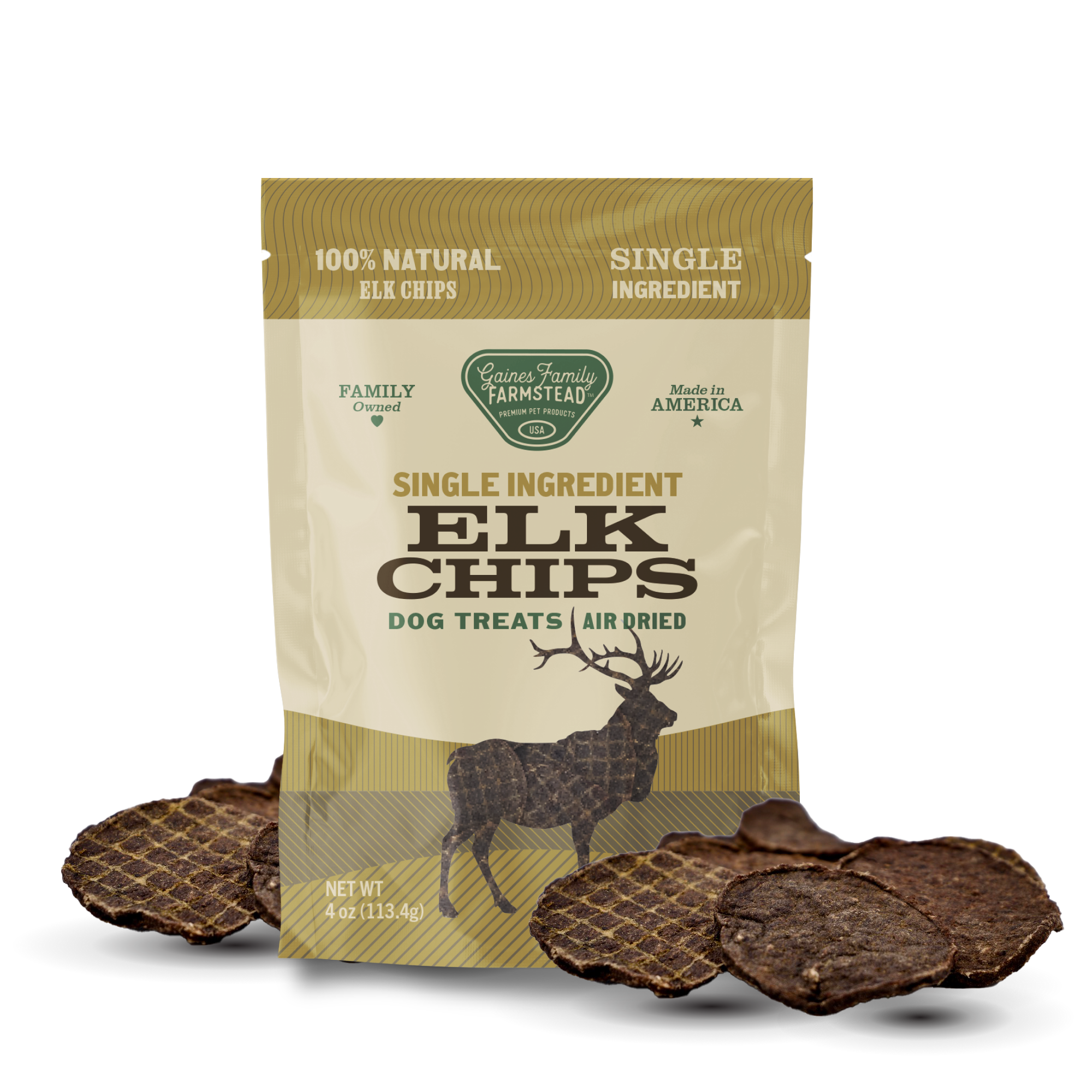 Package of single-ingredient elk chips dog treats with visible treats on a white background