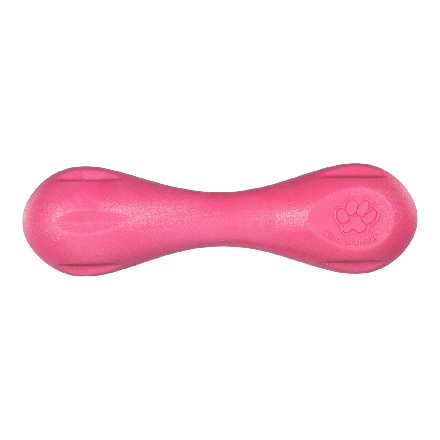 Pink dog toy with a paw print logo on a white background