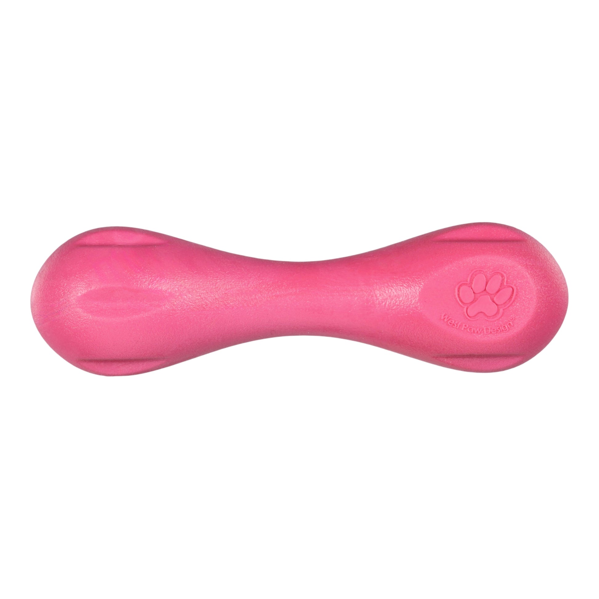 Pink dog toy with a paw print logo on a white background
