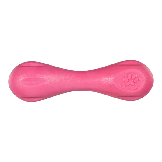 Pink dog toy with a paw print logo on a white background