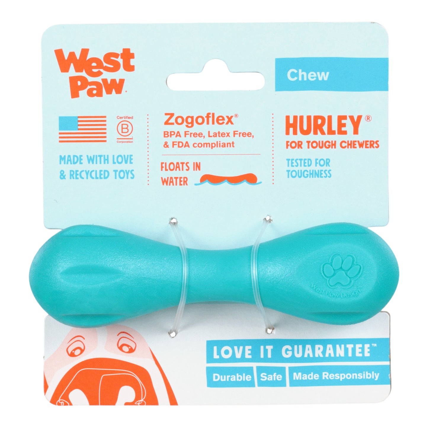 Turquoise dog chew toy with West Paw packaging on a white background
