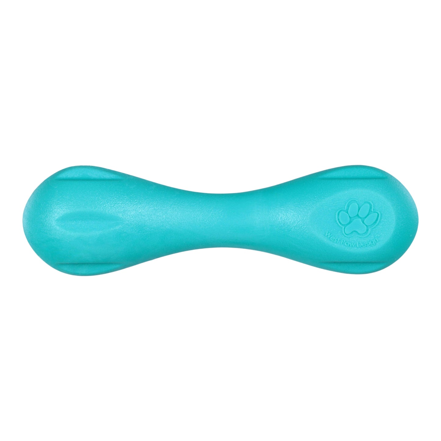Turquoise dog toy with a paw print on a white background