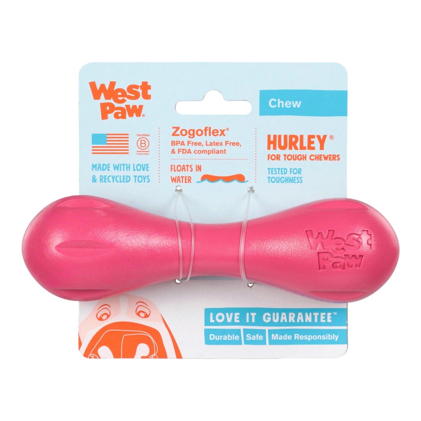 Pink dog chew toy with West Paw branding on a white background