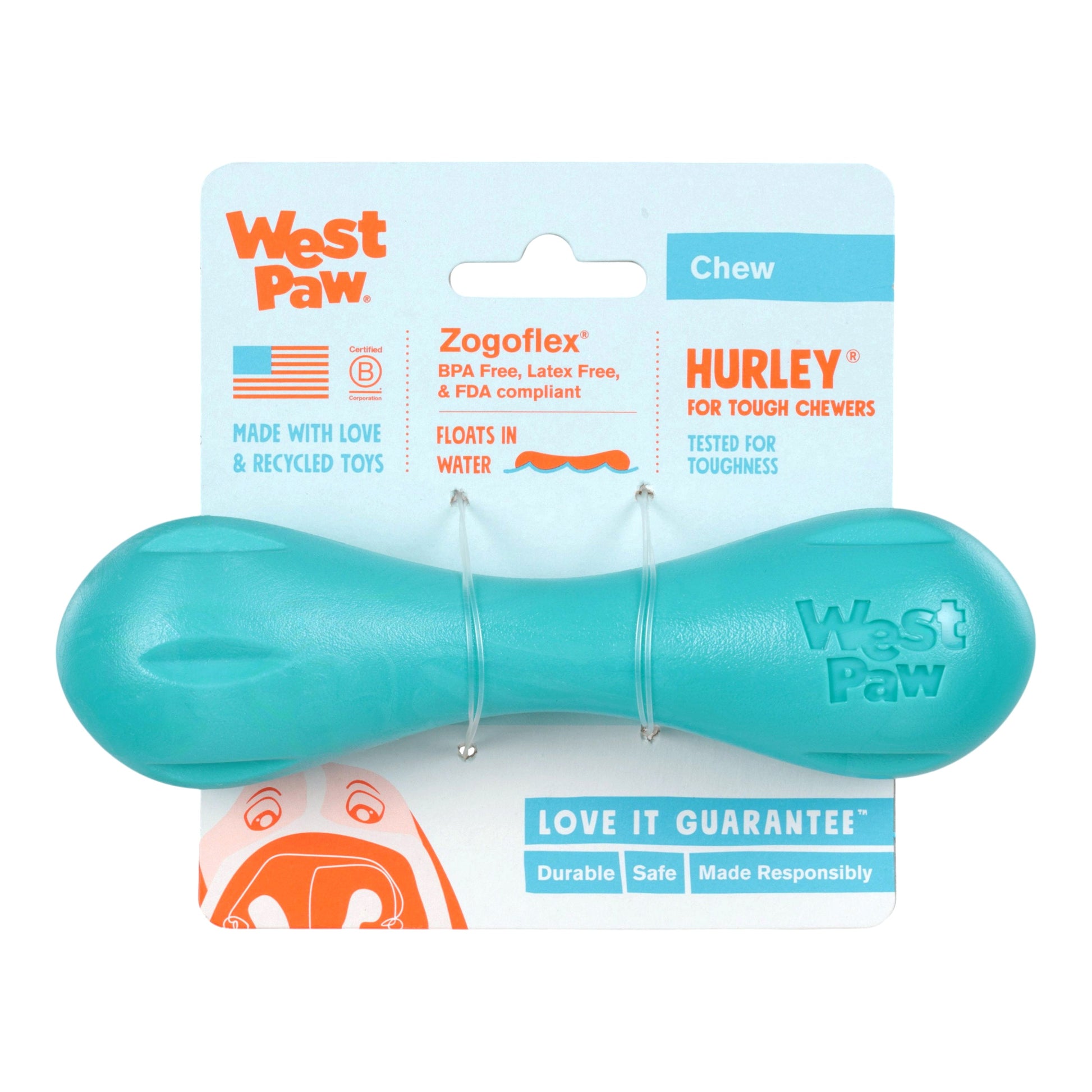 Teal dog chew toy with West Paw branding on a white background