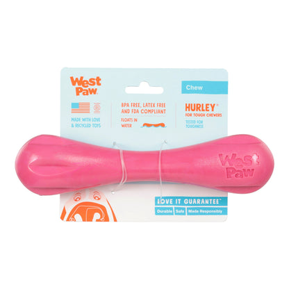Pink dog chew toy with West Paw branding on a white background
