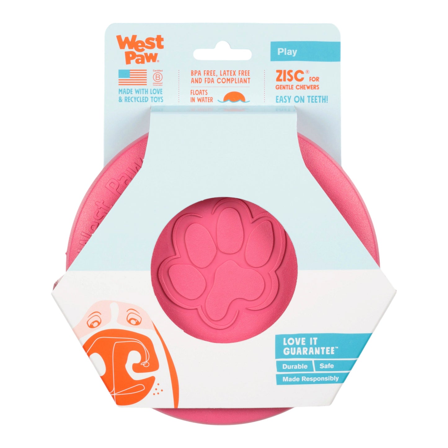 Pink dog toy with a paw print design in packaging, featuring West Paw branding.