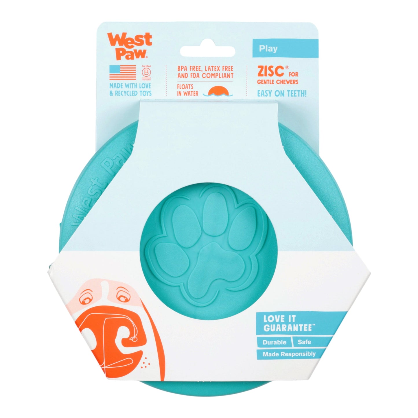 Teal dog toy with West Paw branding on packaging