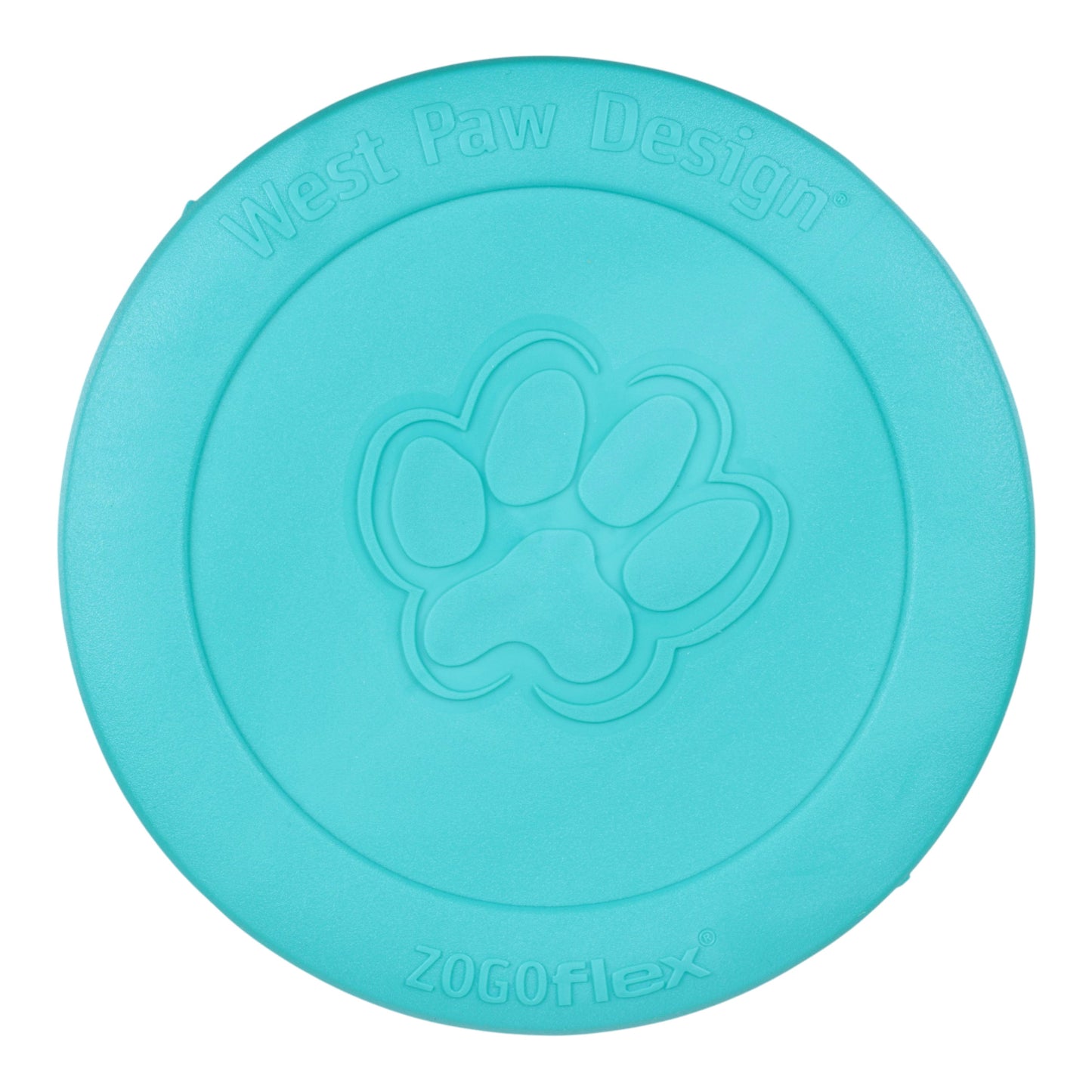 Turquoise dog toy with paw design and 'Zogoflex' branding on a white background