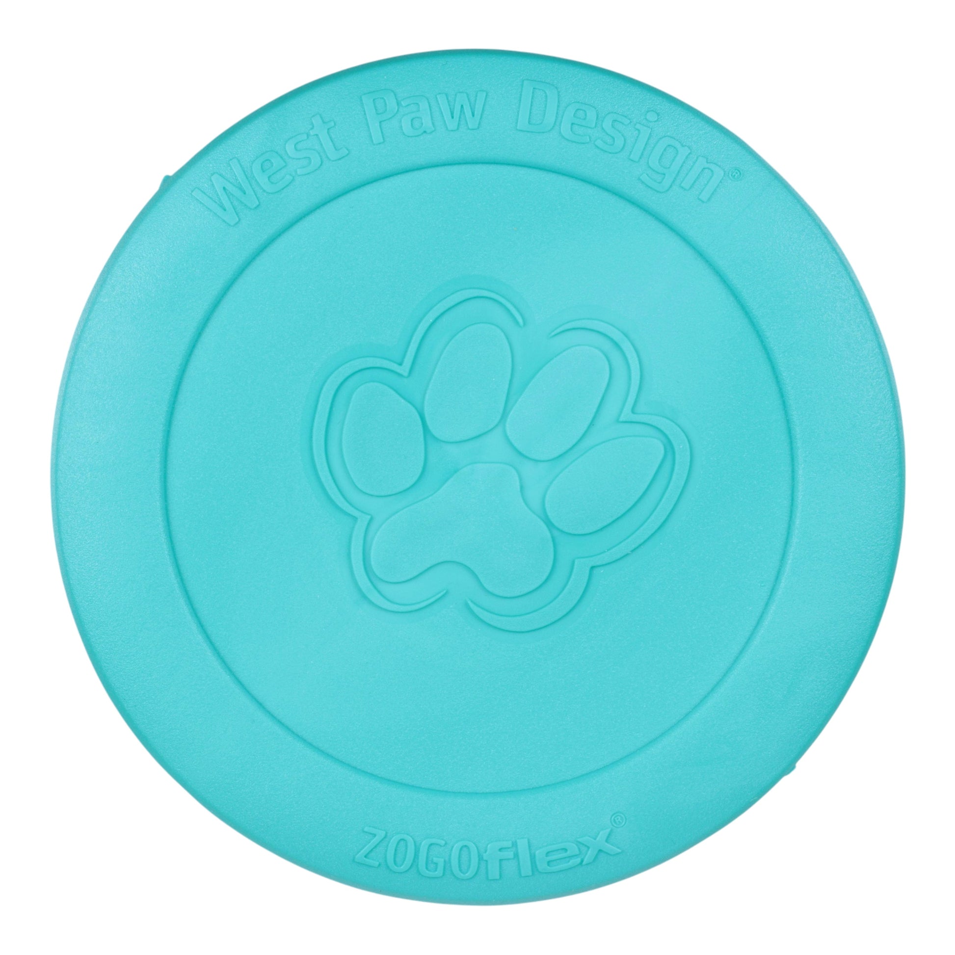 Turquoise dog toy with paw design and 'Zogoflex' branding on a white background