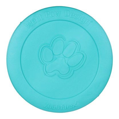 Turquoise dog toy with paw design and 'Zogoflex' branding on a white background