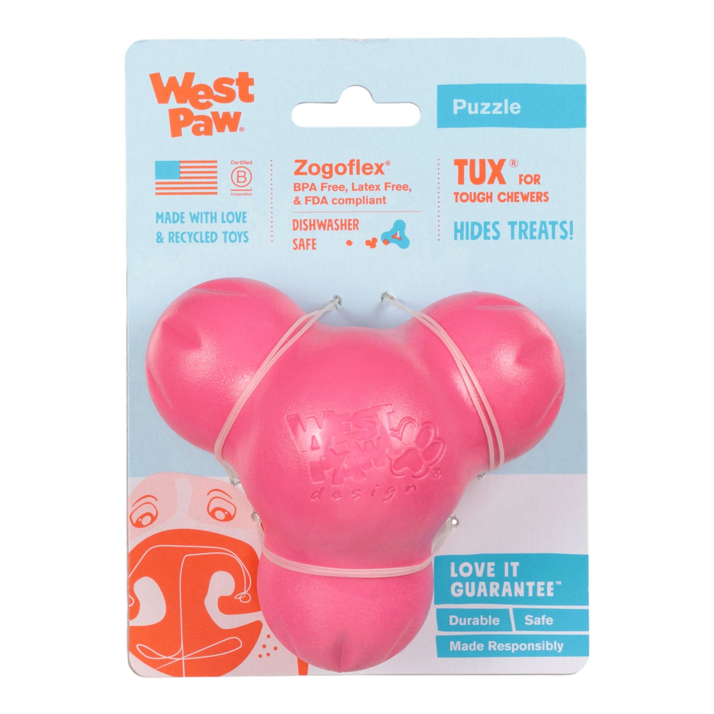 Pink dog toy with West Paw branding on a light blue packaging background