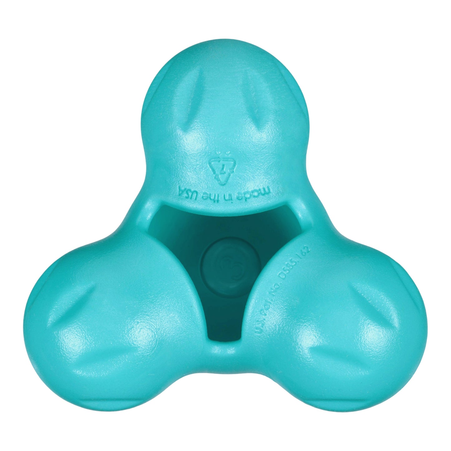 Turquoise dog toy with a visible brand logo on a white background