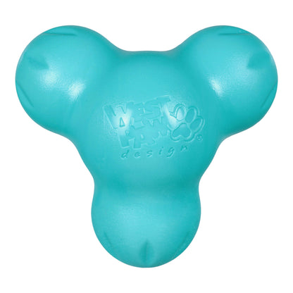 Turquoise dog toy with a visible brand logo on a white background